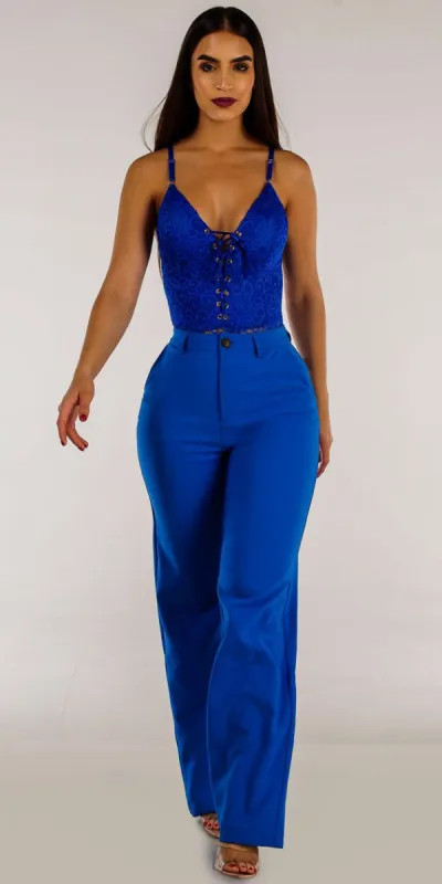 High Waist Blue Straight Dress Pants with Blue Lace Sleeveless Bodysuit sold by Moda