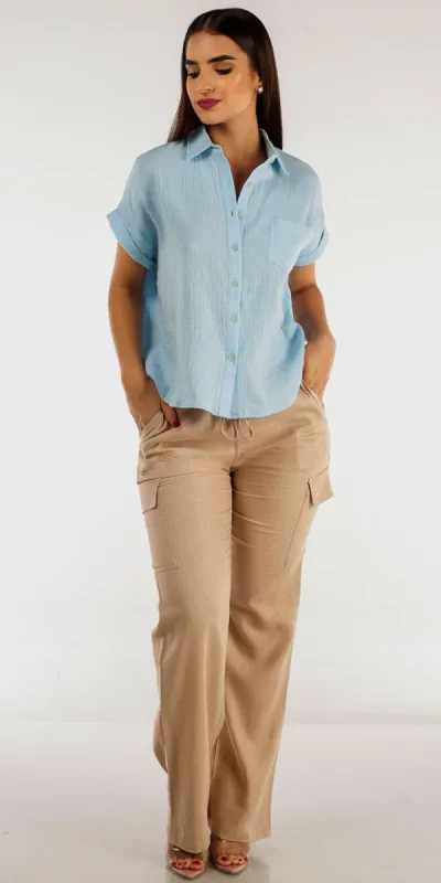 Khaki Straight Leg Linen Cargo Pants with Light Blue Short Sleeve Button Up Cotton Shirt sold by Moda