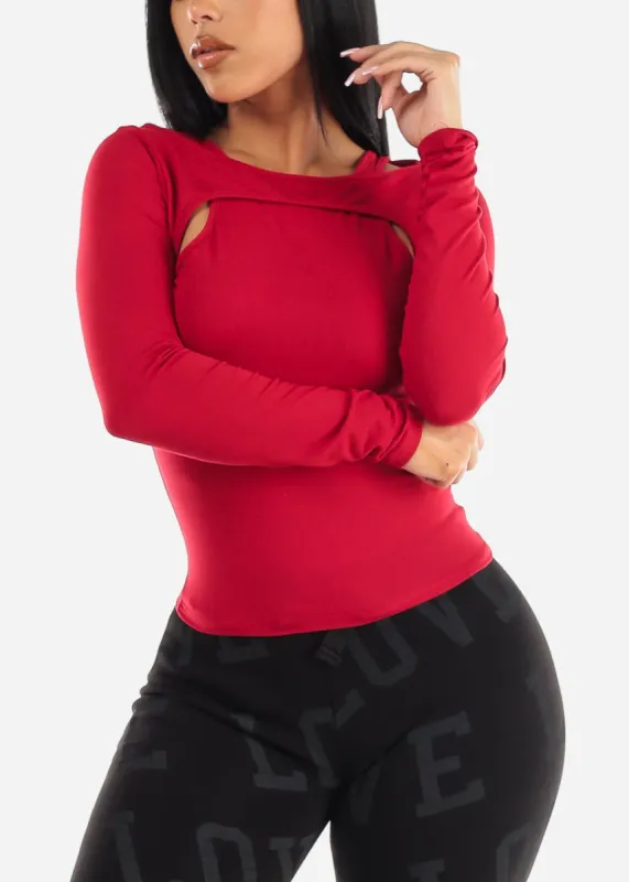 Cut Out Long Sleeve Fitted Top Red sold by Moda