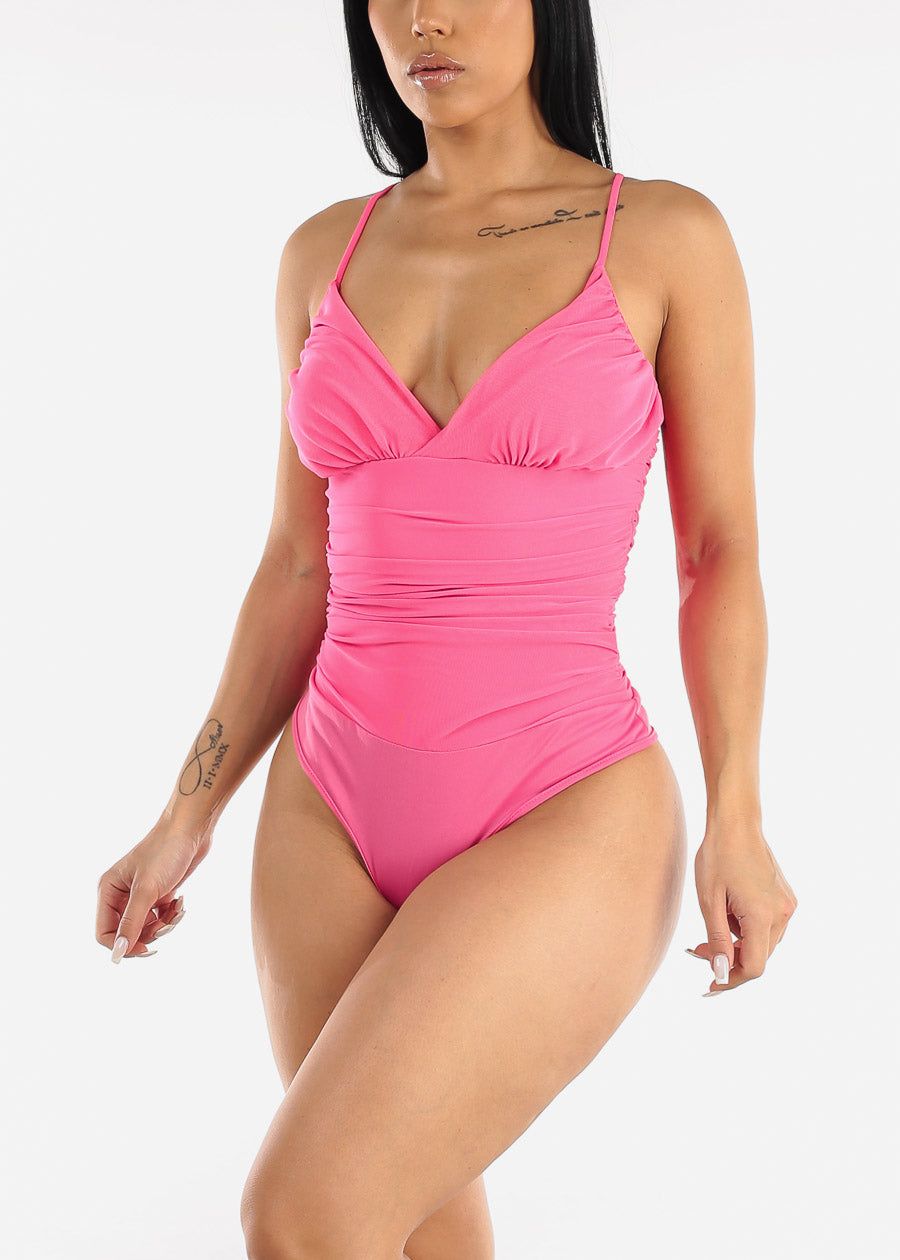 Ruched Sides Mesh Bodysuit Hot Pink sold by Moda