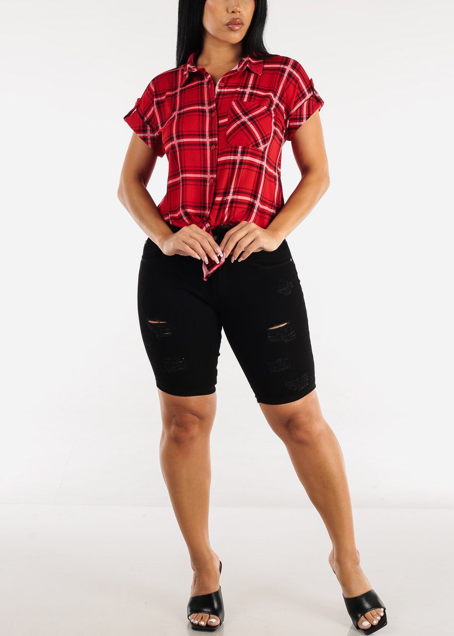 Short Sleeve Tie Front Button Up Plaid Shirt Red sold by Moda product image thumbnail 2