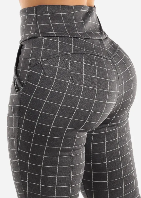 High Waist Butt Lift Grey Windowpane Skinny Pants sold by Moda