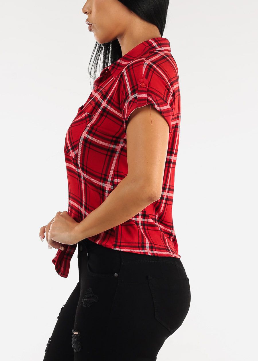 Short Sleeve Tie Front Button Up Plaid Shirt Red sold by Moda product image thumbnail 3