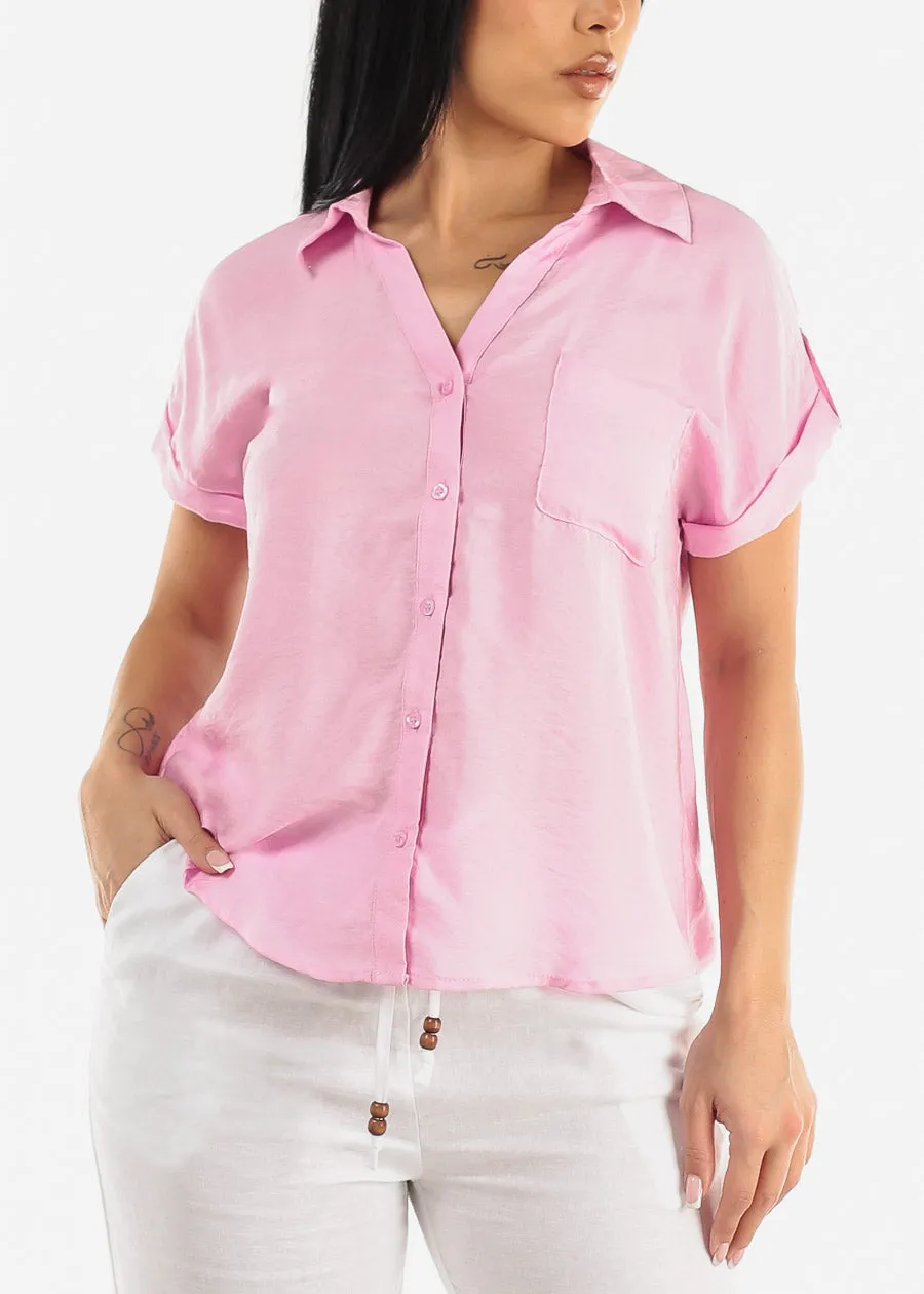 Cap Sleeve Button Down Shirt Pink sold by Moda