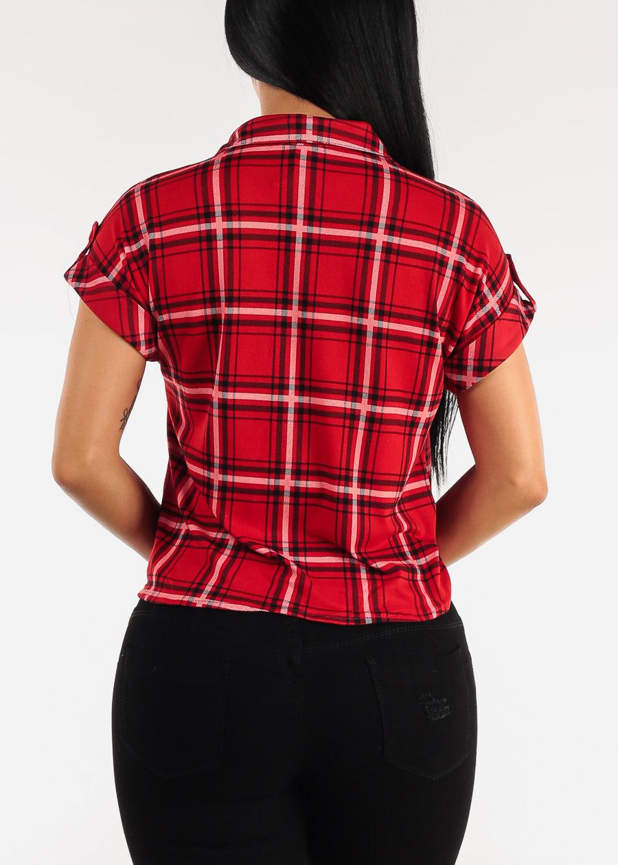 Short Sleeve Tie Front Button Up Plaid Shirt Red sold by Moda product image thumbnail 4