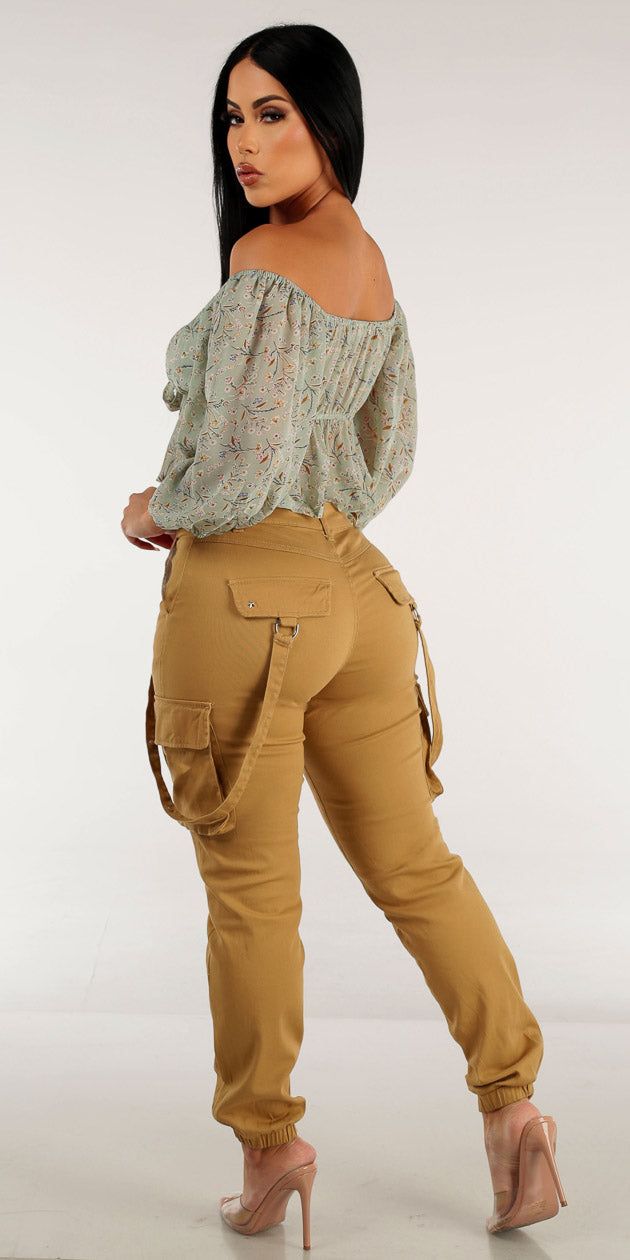 High Waist Khaki Jogger Pants with Sage Off Shoulder Tie Front Floral Crop Top sold by Moda product image thumbnail 2