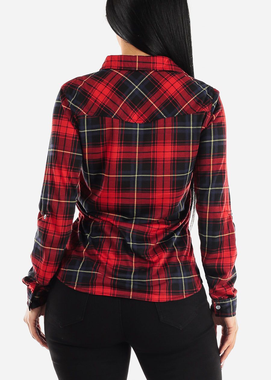 Long Sleeve Snap Button Plaid Shirt Red & Black sold by Moda product image thumbnail 4