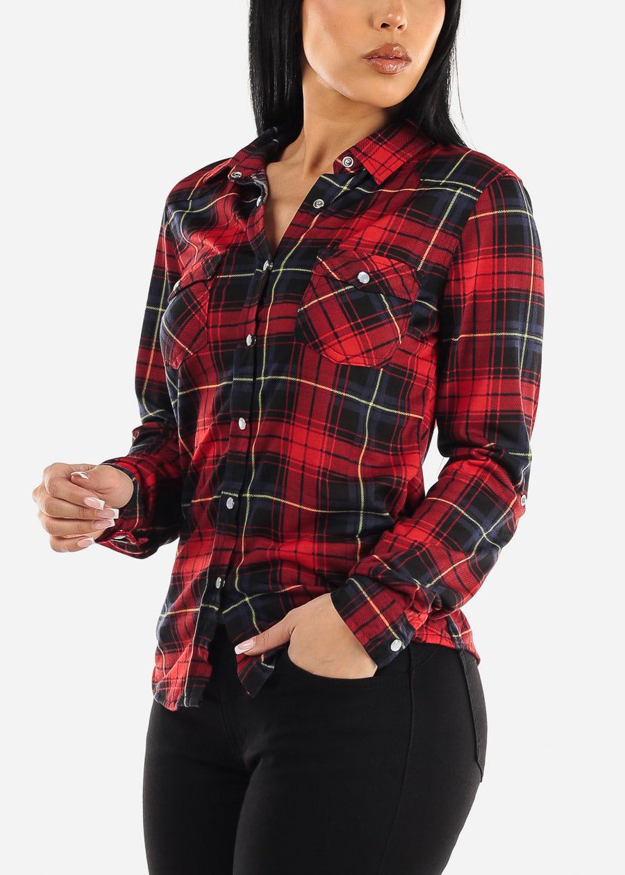 Long Sleeve Snap Button Plaid Shirt Red & Black sold by Moda