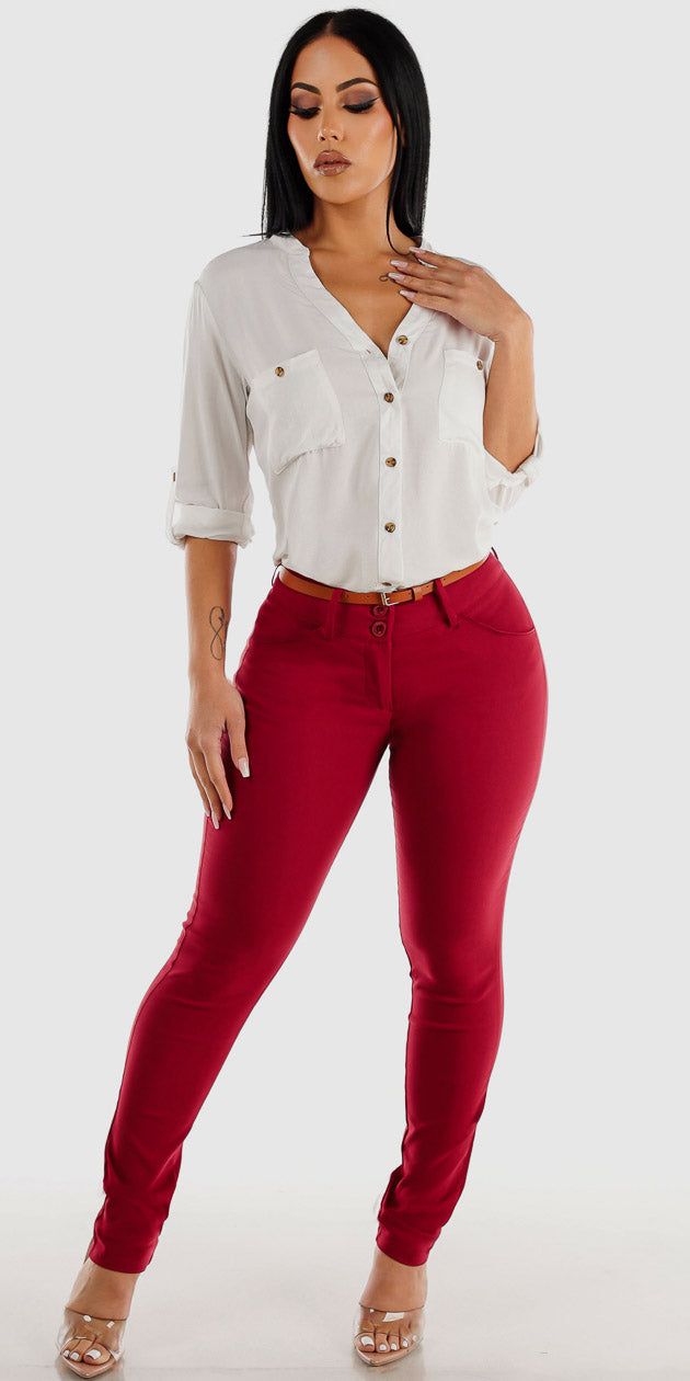 Mid Rise Burgundy Dress Skinny Pants with Long Sleeve Vneck White Button Up Shirt sold by Moda