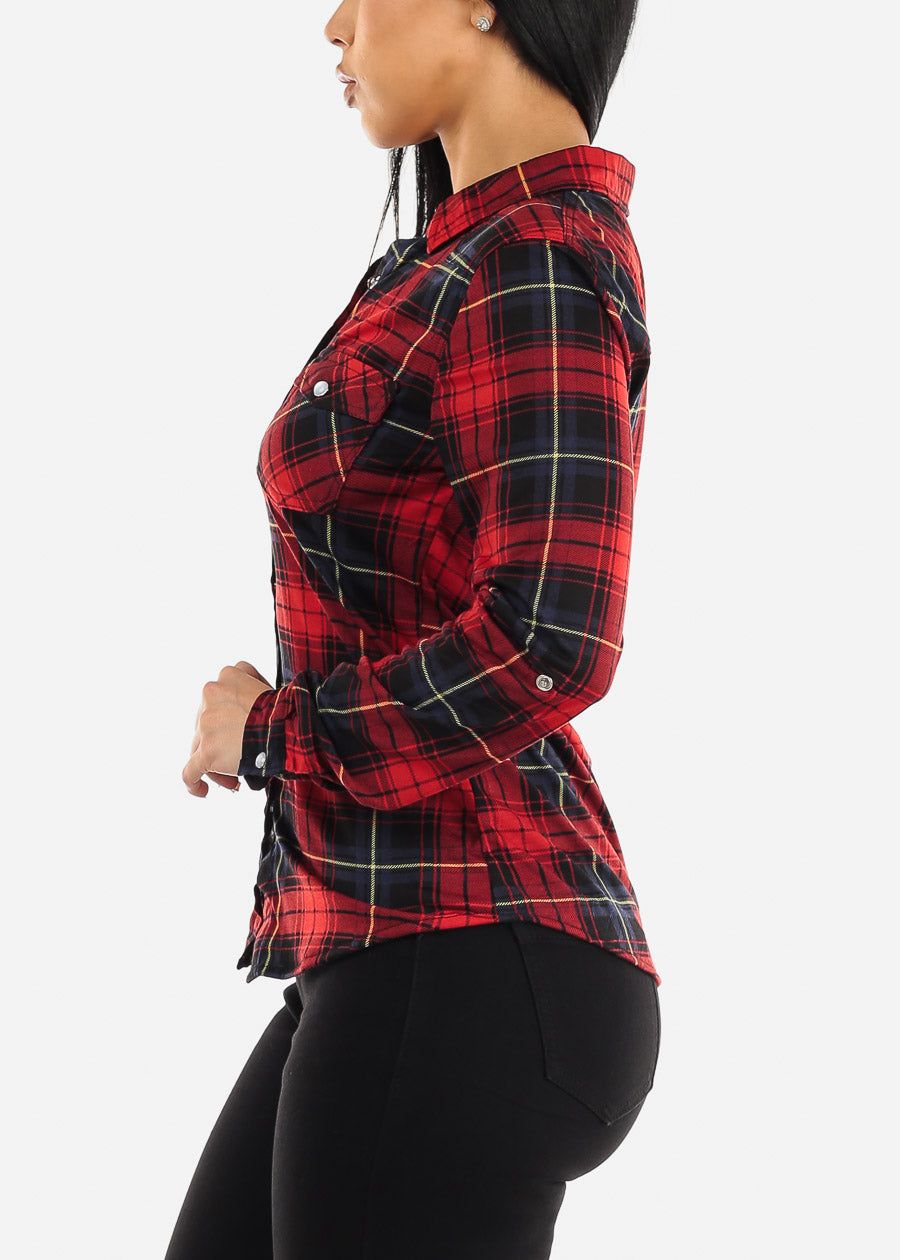 Long Sleeve Snap Button Plaid Shirt Red & Black sold by Moda product image thumbnail 3