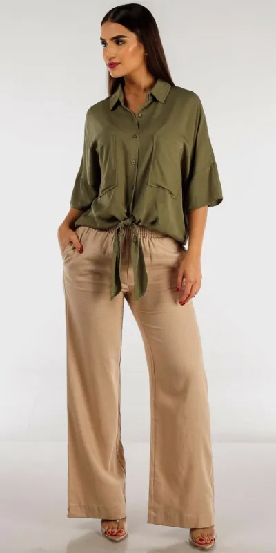 Khaki Spandex Waist Wide Leg Linen Pants with Olive Tie Front Button Up Shirt sold by Moda