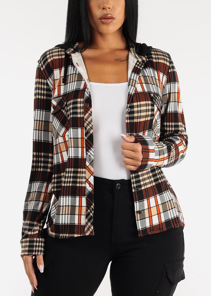 Long Sleeve Plaid Shacket Taupe & Rust sold by Moda