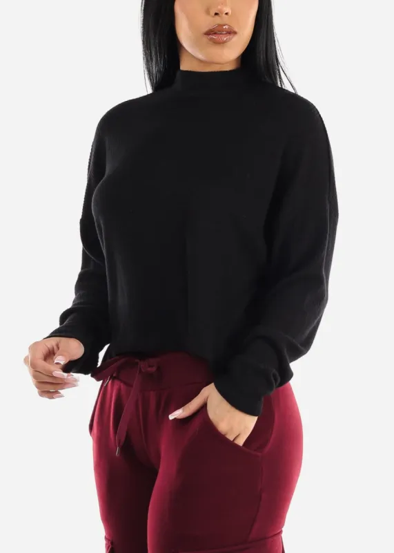 Black Long Sleeve Mock Neck Hacci Sweater Crop Top sold by Moda