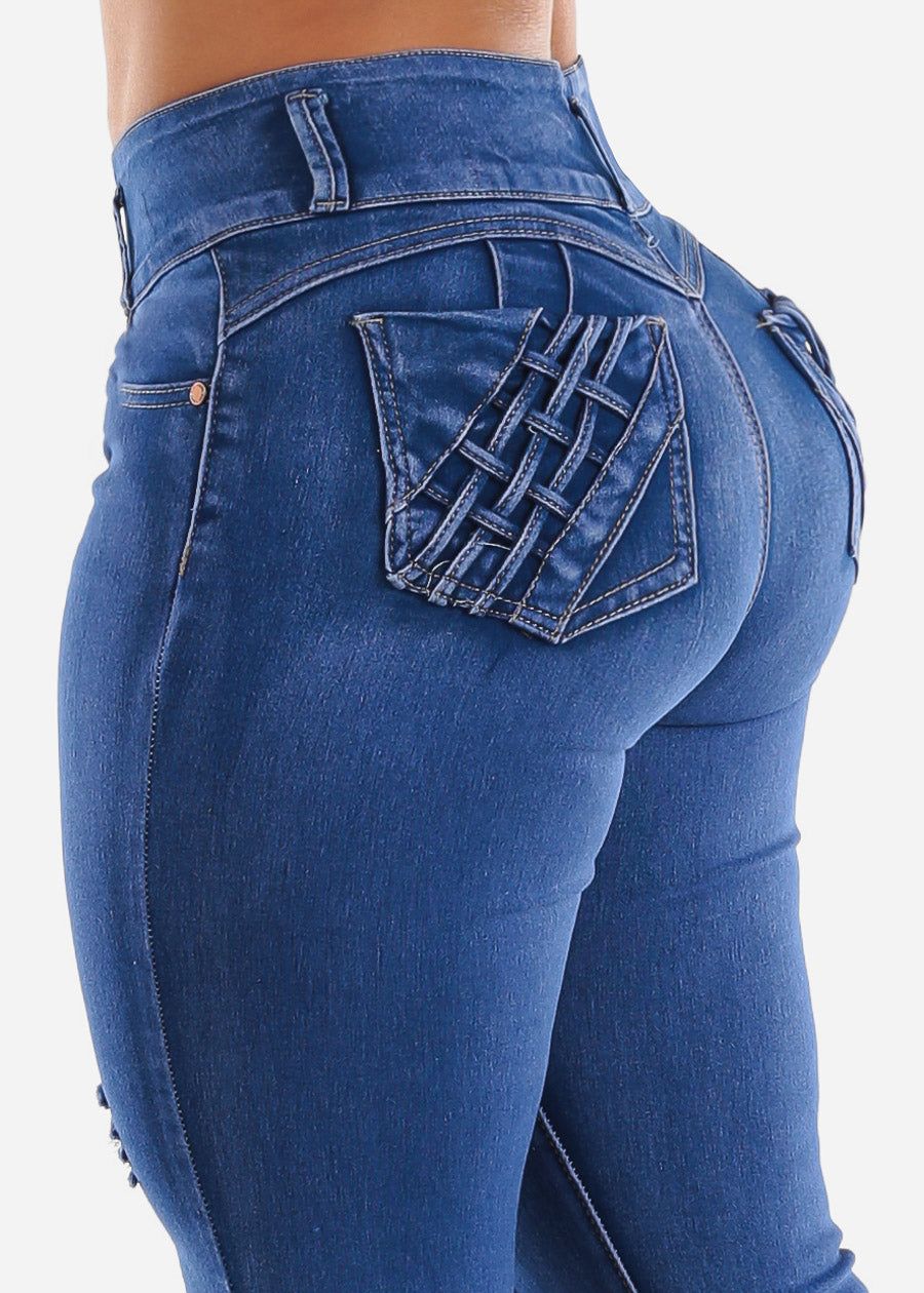 Ripped Butt Lift Skinny Jeans Sand Wash w Braided Pockets sold by Moda product image thumbnail 2