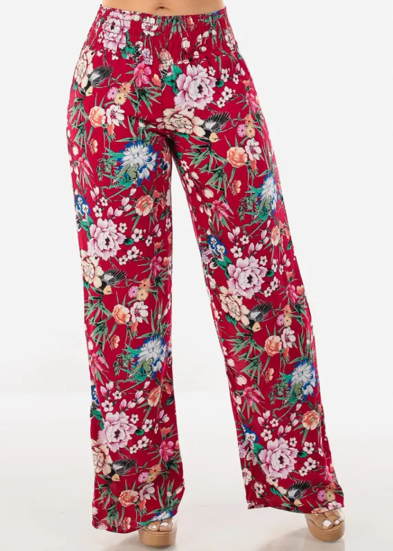Boho Smocked Waist Floral Palazzo Pants Red sold by Moda