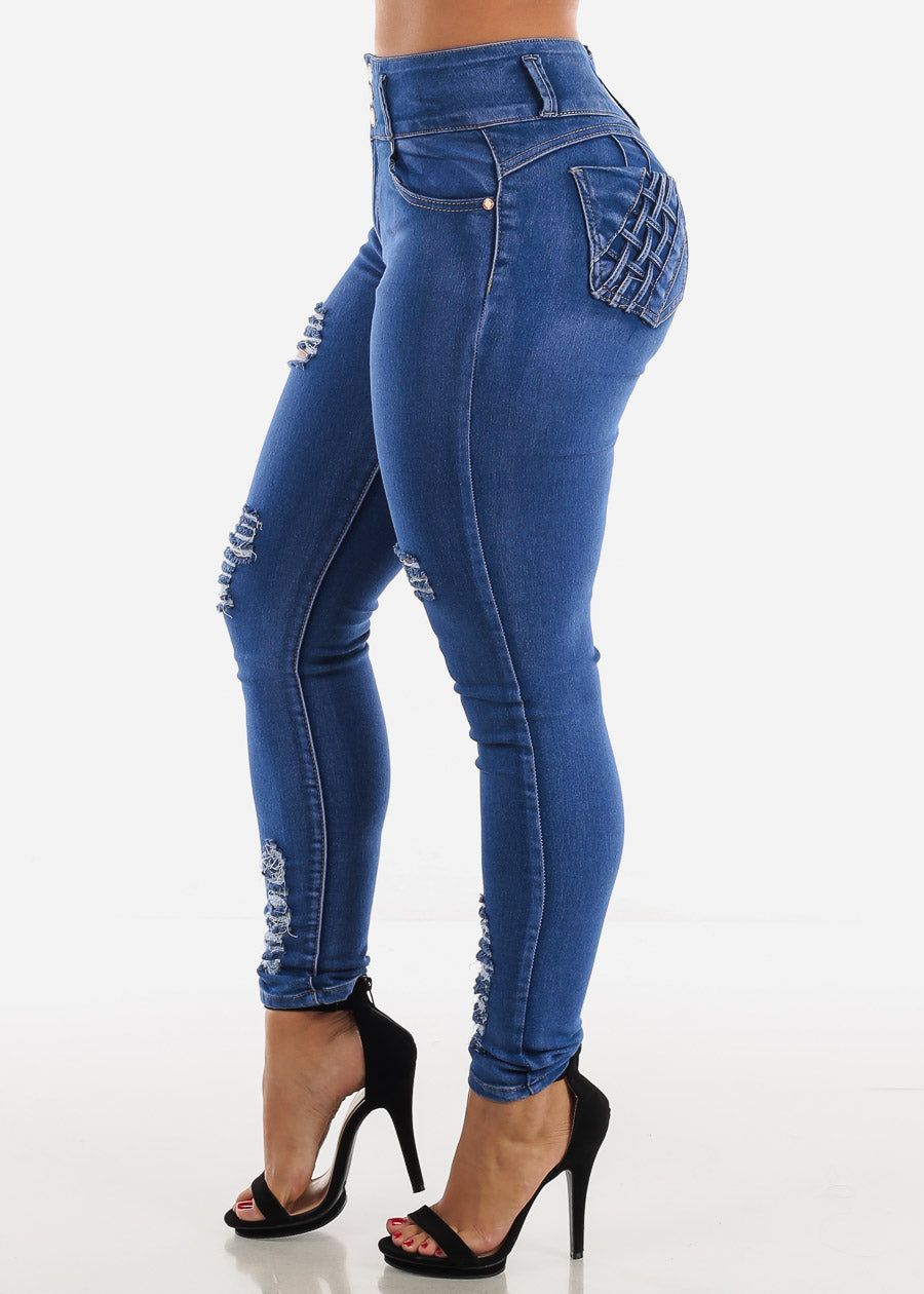 Ripped Butt Lift Skinny Jeans Sand Wash w Braided Pockets sold by Moda