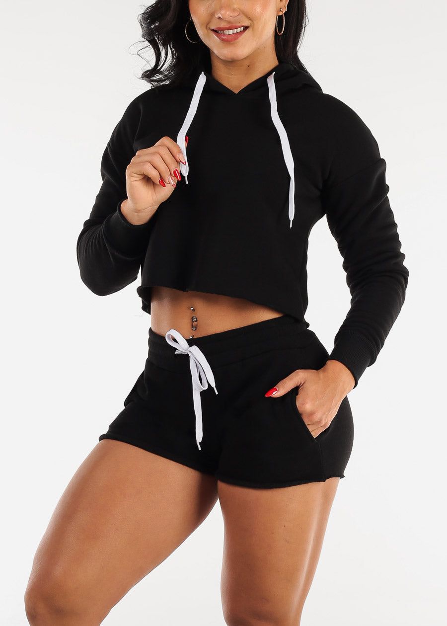 Fleece Cropped Hoodie & Shorts Black (2 PCE SET) sold by Moda