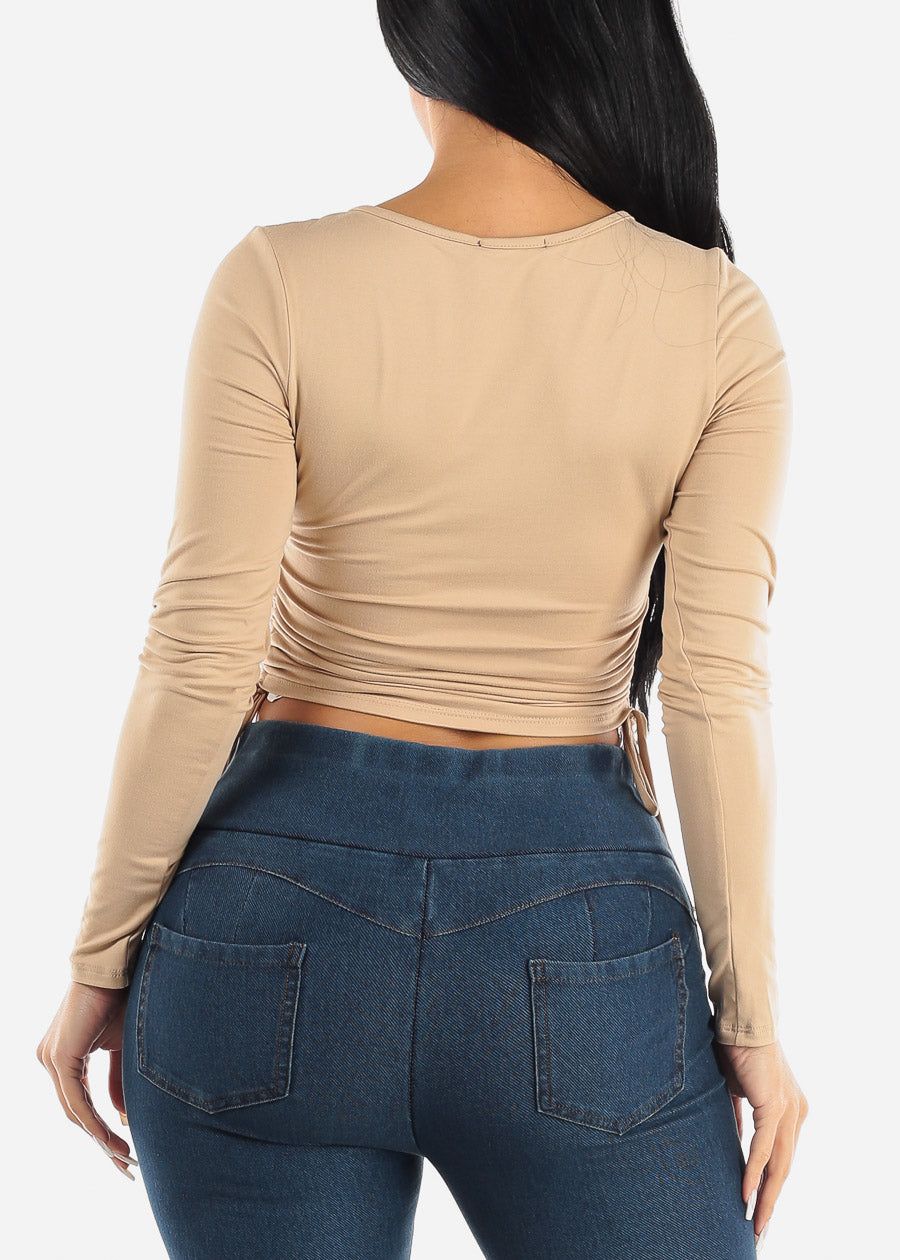 Long Sleeve Surplice Crop Top Beige w Ruched Sides sold by Moda product image thumbnail 4