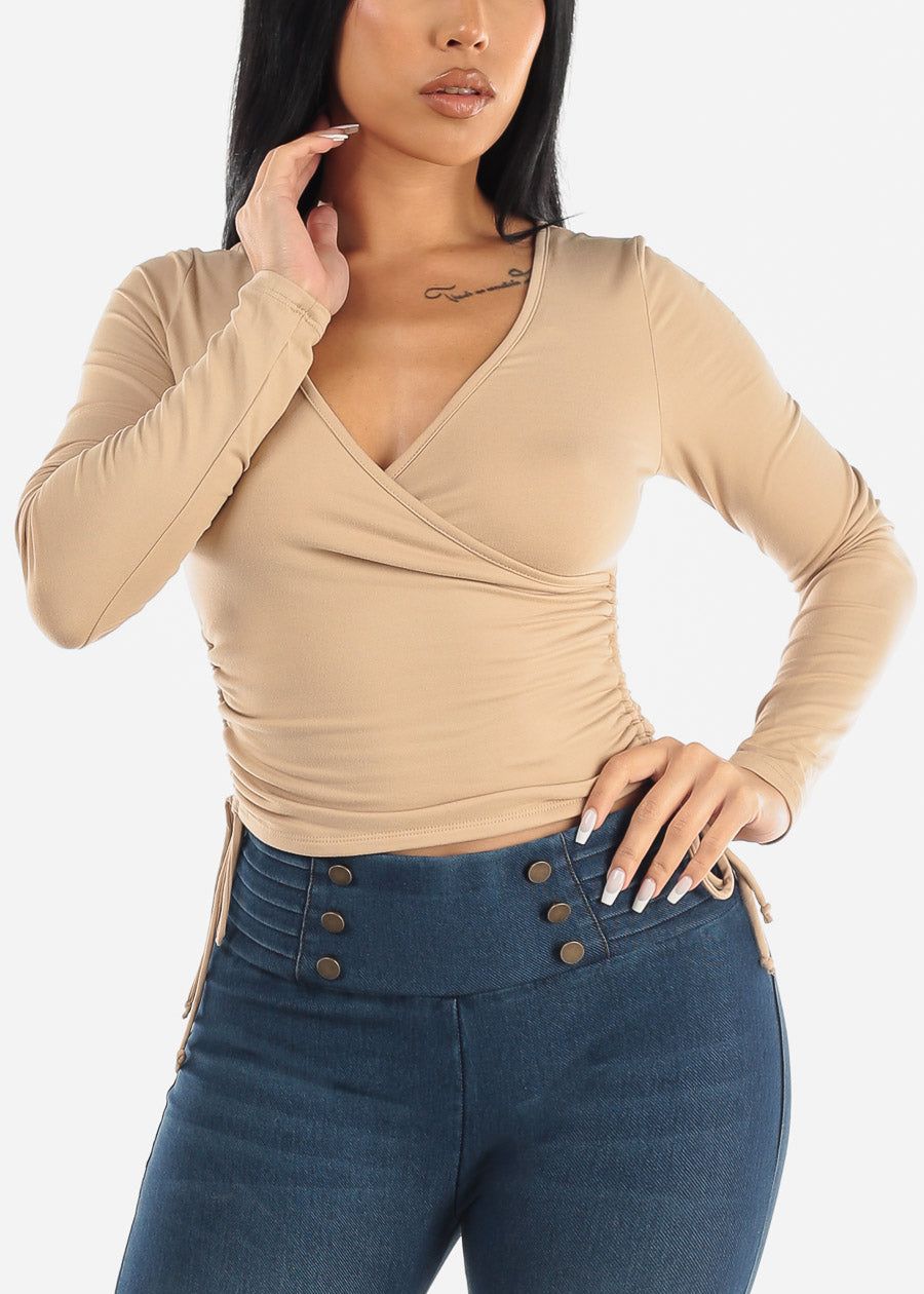 Long Sleeve Surplice Crop Top Beige w Ruched Sides sold by Moda