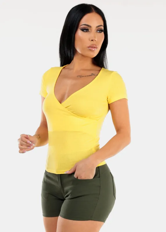 Short Sleeve Surplice Ribbed Top Yellow sold by Moda