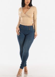 Long Sleeve Surplice Crop Top Beige w Ruched Sides sold by Moda