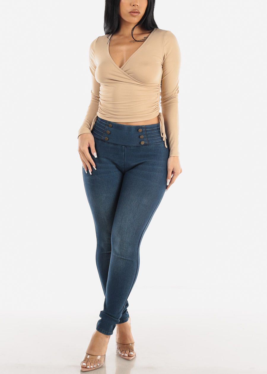 Long Sleeve Surplice Crop Top Beige w Ruched Sides sold by Moda product image thumbnail 2