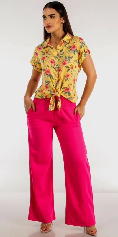 Fuchsia Spandex Waist Linen Pants with Yellow Tie Front Button Up Floral Blouse sold by Moda