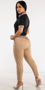 Pull On Khaki Ankle Dress Pants with Short Sleeve Black Button Up Shirt sold by Moda