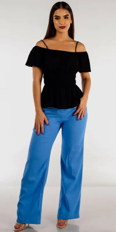 Blue Straight Wide Leg Linen Pants with Black Cold Shoulder Woven Top sold by Moda