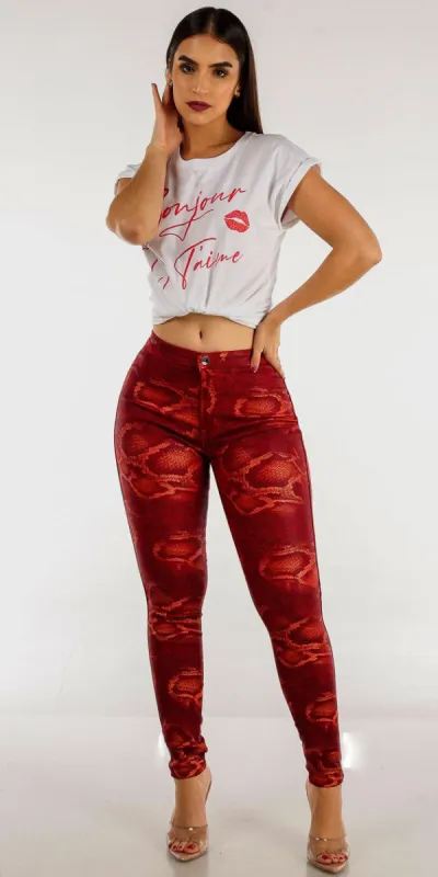 Red High Waist Snake Print Skinny Pants with White Graphic Tee "Bonjour Je T'aime" sold by Moda