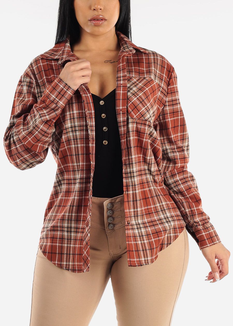 Oversized Plaid Button Down Shacket Brick sold by Moda product image thumbnail 3
