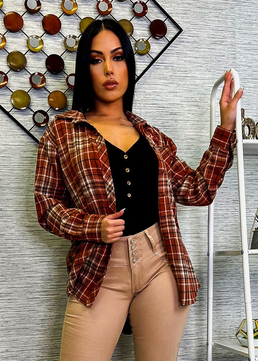 Oversized Plaid Button Down Shacket Brick sold by Moda