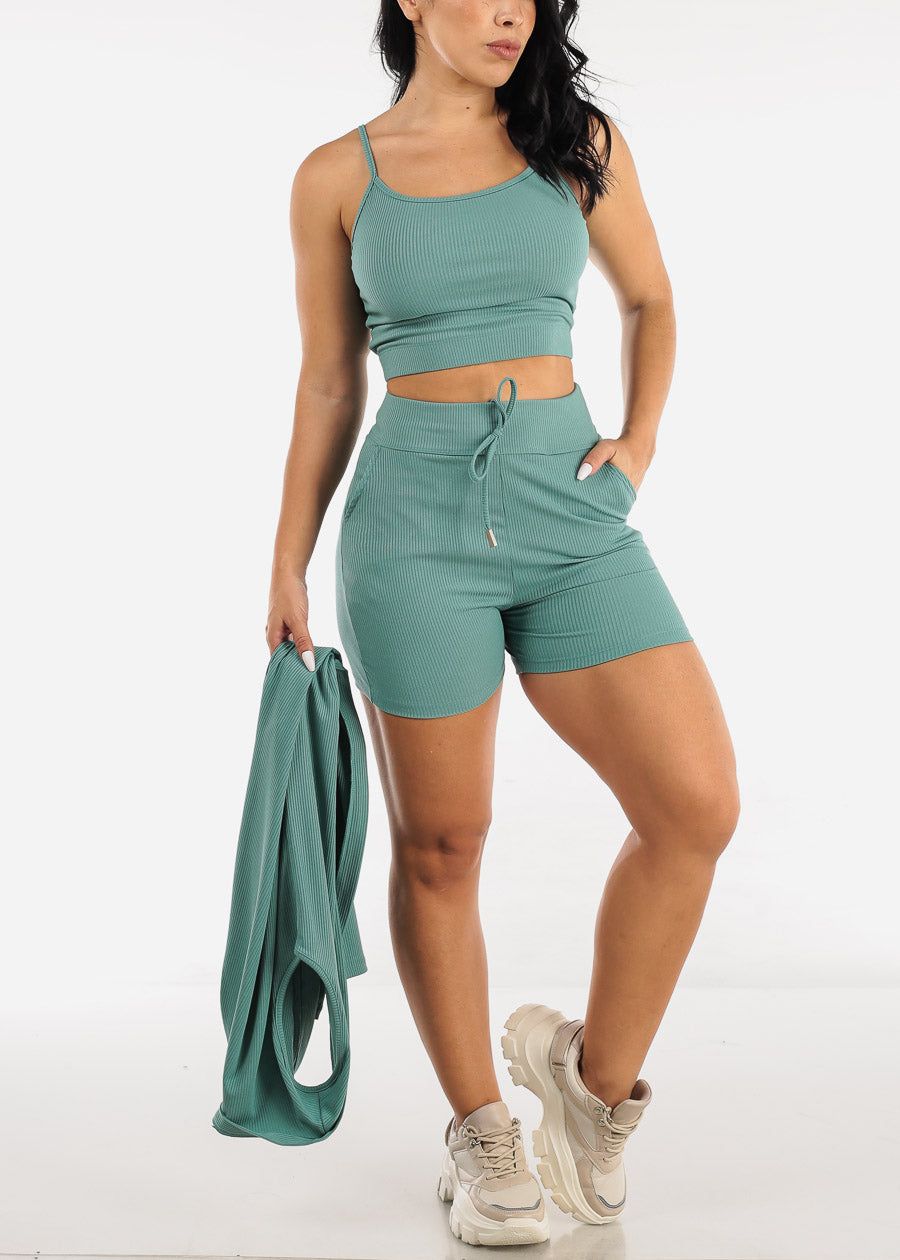 Mint Sleeveless Cardigan, Cropped Tank Top & Shorts (3 PCE SET) sold by Moda product image thumbnail 2