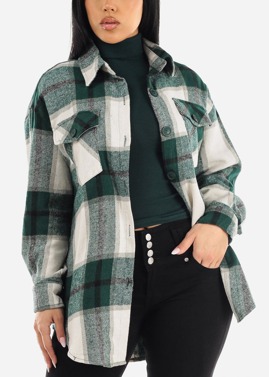 Oversized Plaid Button Down Cotton Shacket Green & White sold by Moda