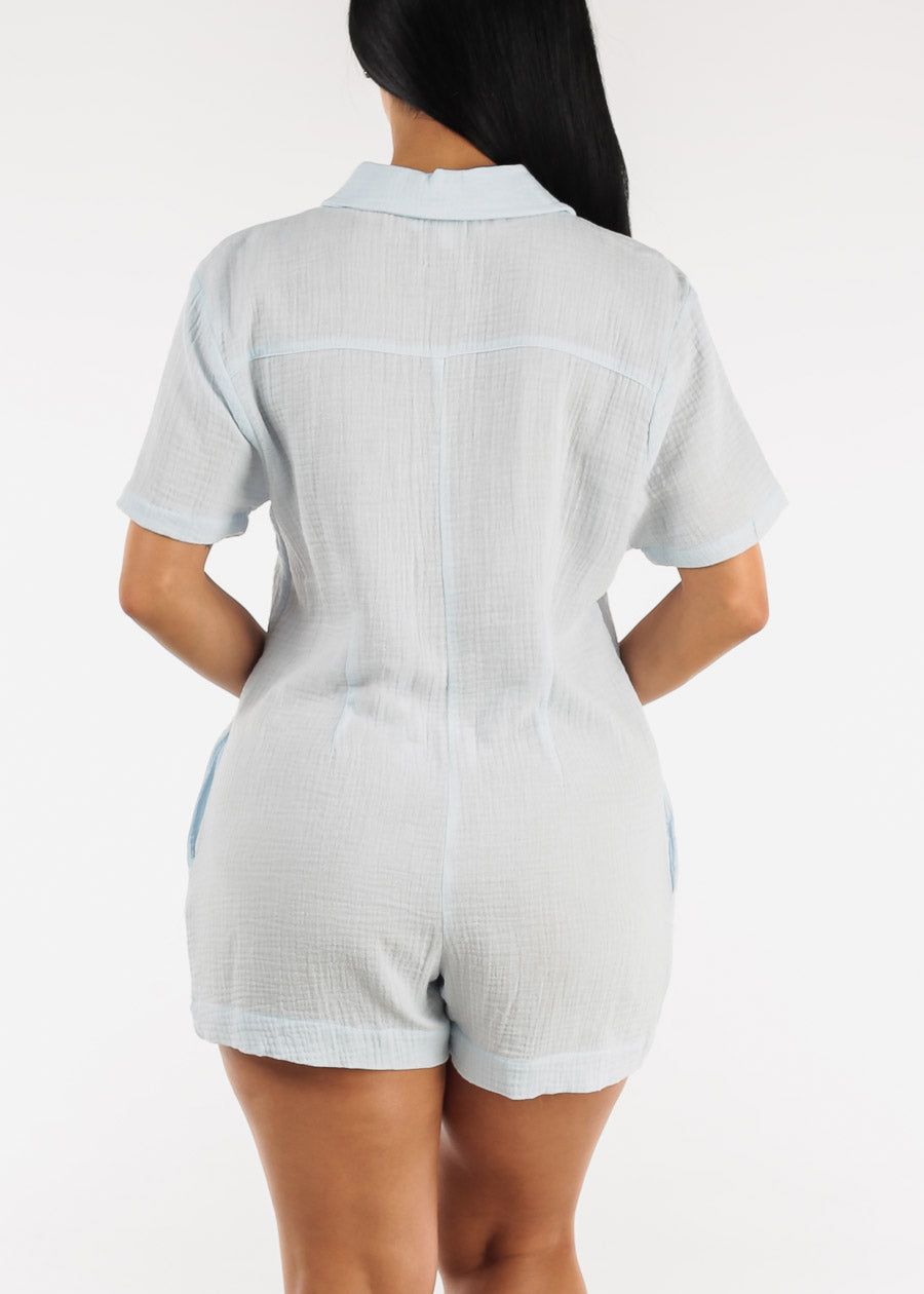 Cotton Short Sleeve Button Up Romper Light Blue sold by Moda product image thumbnail 4