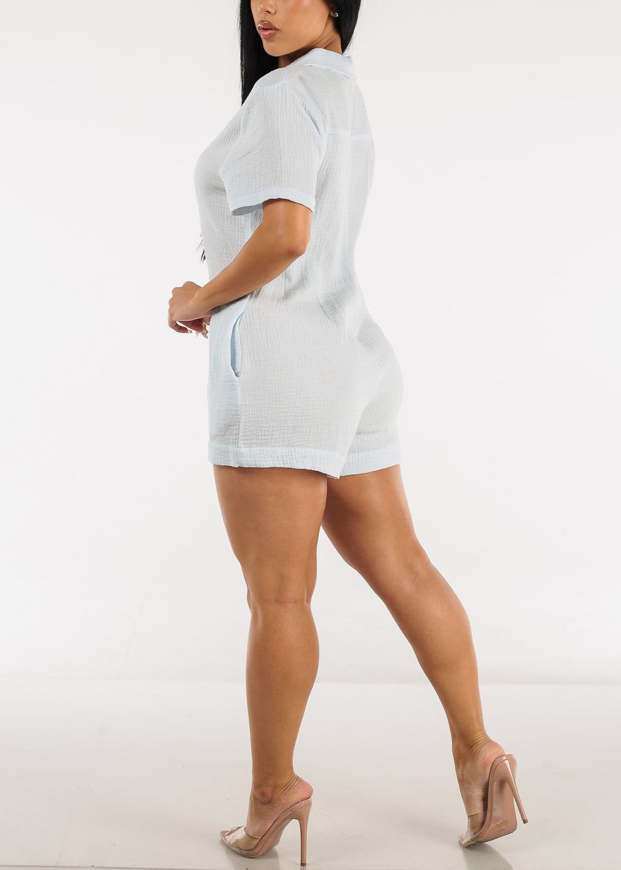 Cotton Short Sleeve Button Up Romper Light Blue sold by Moda product image thumbnail 5