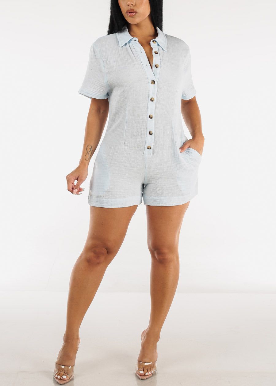 Cotton Short Sleeve Button Up Romper Light Blue sold by Moda product image thumbnail 2