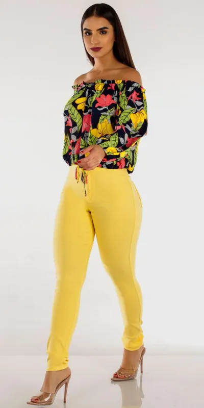 Yellow High Rise Hyper Stretch Skinny Pants with Navy Off Shoulder Floral Chiffon Top sold by Moda