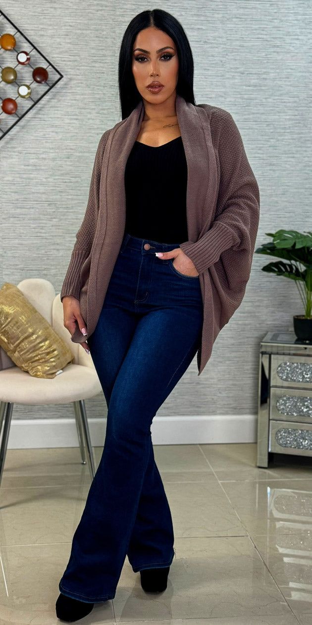 Dark Blue High Waist Flared Bootcut Jeans Black Long Sleeve Vneck Sweater and Long Sleeve Brown Knitted Cardigan sold by Moda