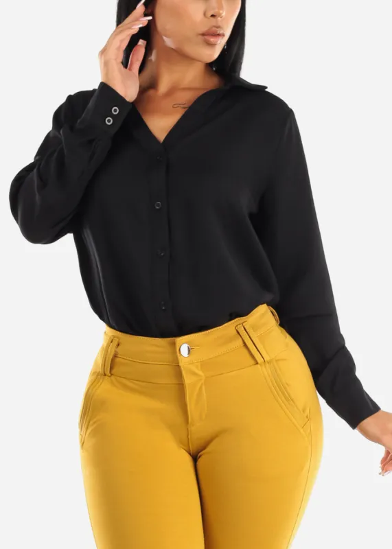 Black Long Sleeve Button Down Collared Blouse sold by Moda