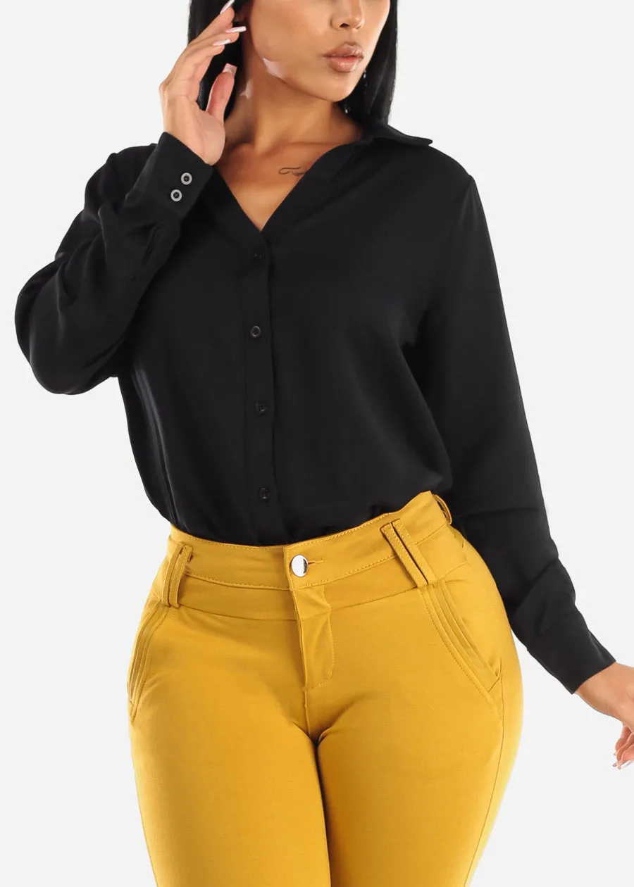 Black Long Sleeve Button Down Collared Blouse sold by Moda