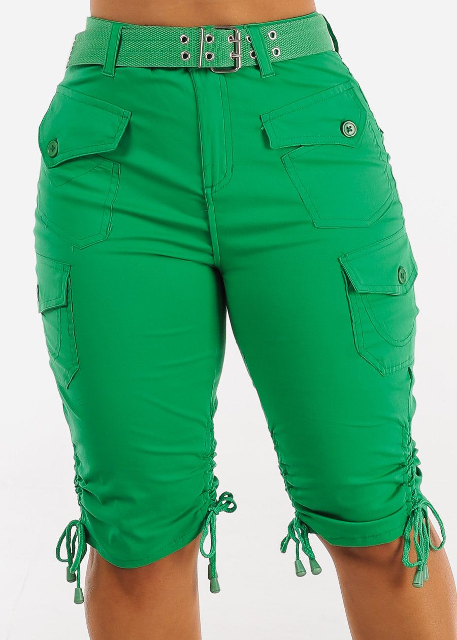 High Waisted Cargo Bermuda Shorts Green w Belt sold by Moda