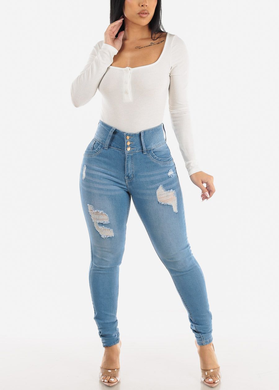 Super High Waisted Distressed Light Blue Skinny Jeans sold by Moda product image thumbnail 3