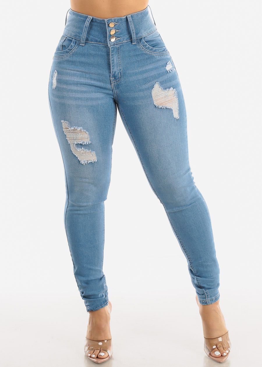 Super High Waisted Distressed Light Blue Skinny Jeans sold by Moda product image thumbnail 4