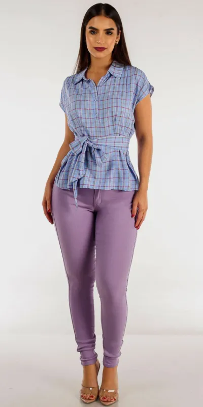 Lilac Hyper Stretch Skinny Pants with Blue Plaid Belted Button Up Shirt sold by Moda