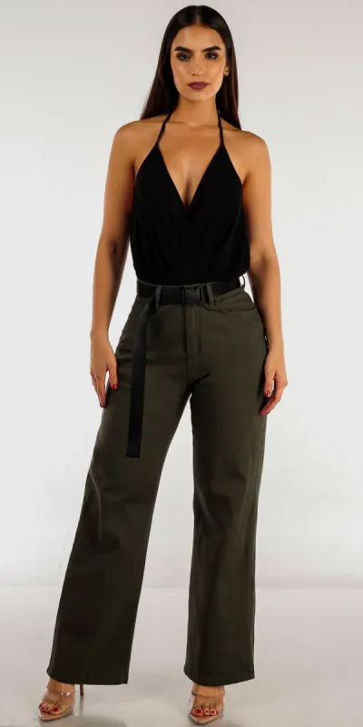 Olive High Waist Straight Wide Leg Pants with Black Halter Surplice Bodysuit sold by Moda