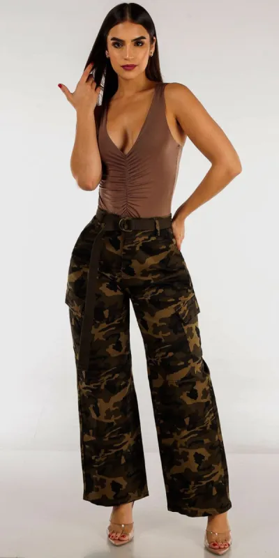 High Waist Belted Wide Leg Camo Cargo Pants with Mocha Sleeveless Ruched Bodysuit sold by Moda