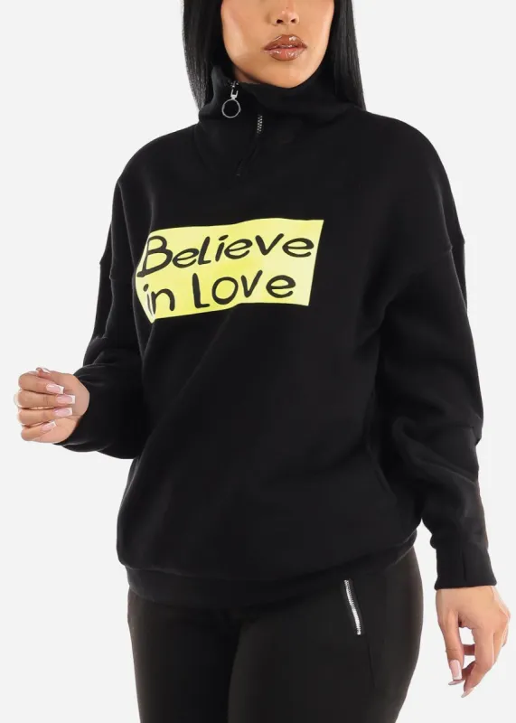 Black Graphic Mock Neck Half Zip Up Pullover Hoodie sold by Moda