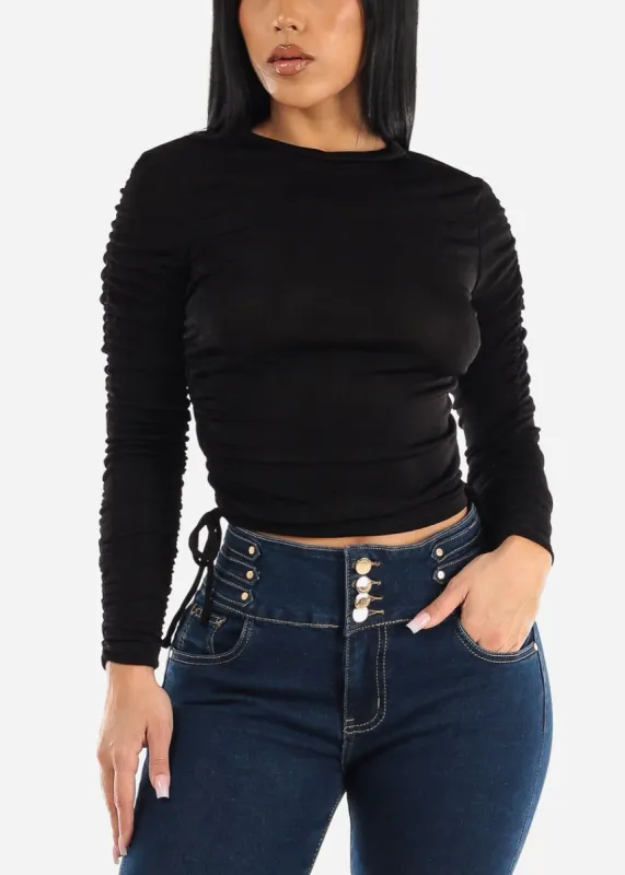 Long Sleeve Black Crewneck Top W Ruched Sides sold by Moda