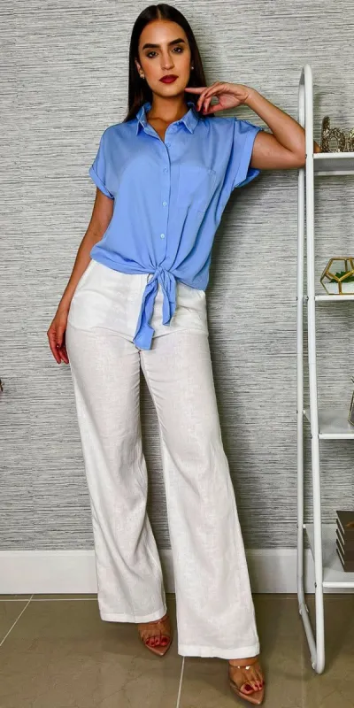 High Waist White Wide Leg Linen Pants with Blue Front Tie Button Up Blouse sold by Moda